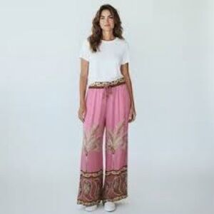 Maison D'Amelie Wide Leg Pants Women Large Palm Tree Pink Satin Pull On NWT